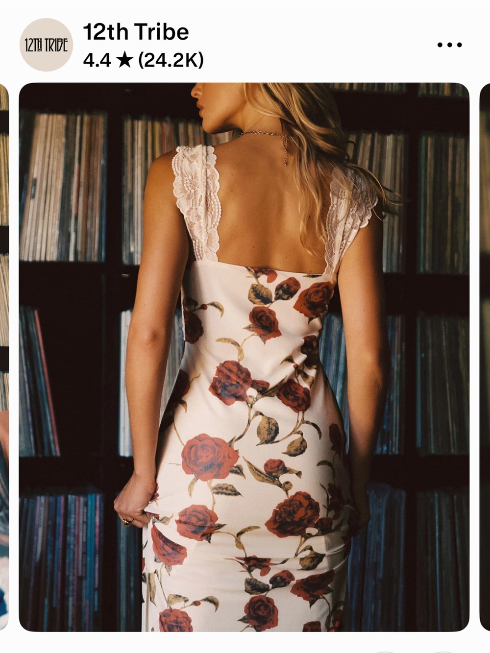 12th Tribe Cream Slip Dress with Red Rose Print and Lace - Picture 10 of 10